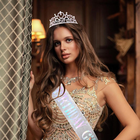 Birthday Girl Tiara and Sash Set - Silver Iridescent Rhinestone Crown & Glitter Sash for Birthday Party, Princess Celebration, Gift for Girls and Women