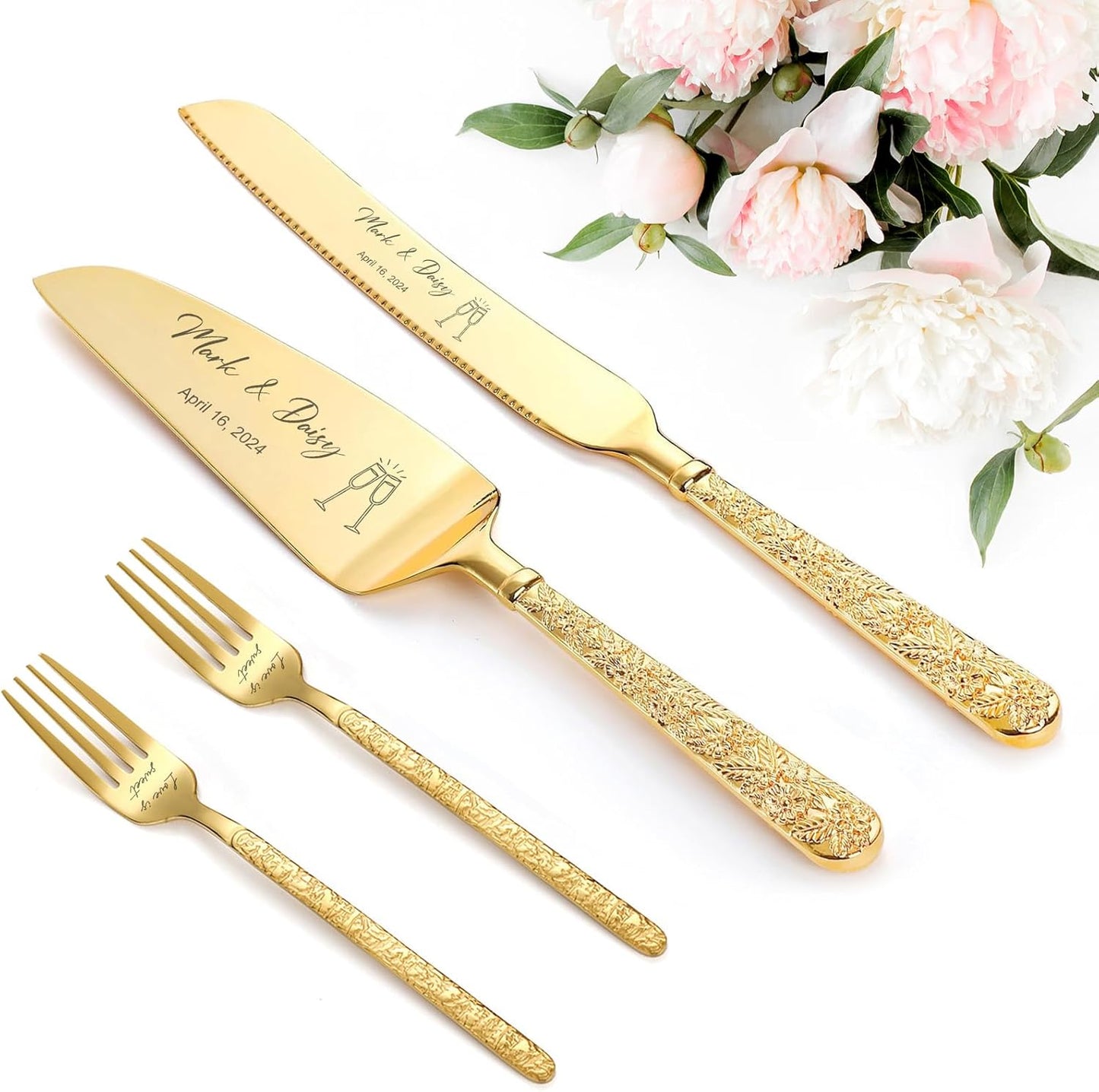Personalized Wedding Cake Knife and Server Set Engraved Gold Cake Cutter Server Forks Custom Cake Cutting Set for Wedding Anniversary Engagement Birthday Gifts