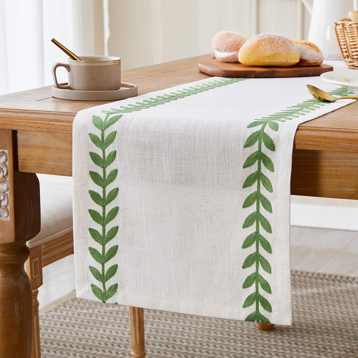 Wracra Embroidered Table Runner Irregular Willow Leaf Table Runners 36 Inches Long for Dresser Home Dining Table Decor,14 x 36 Inch, Green