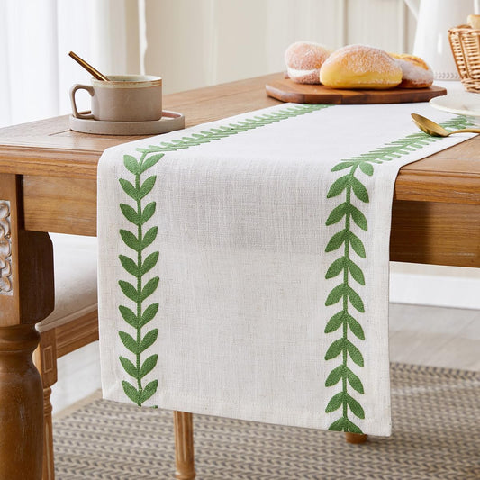 Wracra Embroidered Table Runner Irregular Willow Leaf Table Runners 36 Inches Long for Dresser Home Dining Table Decor,14 x 36 Inch, Green