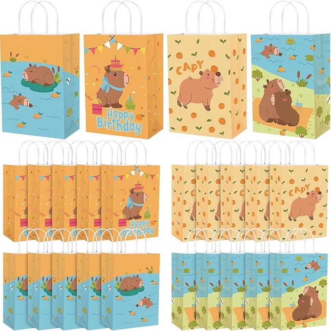 Gaillty 24 Pcs Capybara Gift Bags Paper Capybara Party Favor Bags with Handles Cute Animals Goodie Candy Treat Pouches for Birthday Decorations Baby Shower Party Supplies