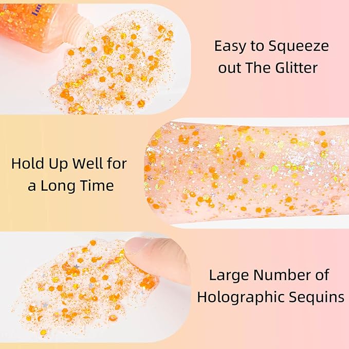 MEICOLY Orange Face Body Glitter,Sparkling Hair Face Glitter Gel,Mermaid Sequins Face Paint Glitter Autumn Makeup,Halloween Festival Rave Accessories Makeup,Party Body Glitter Gel for Women Kids