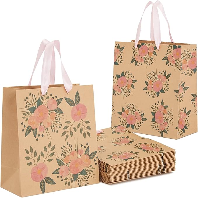 Juvale Floral Gift Bags - Reinforced Bottom & Ribbon Handles - Party Favor Bags - 8 x 4 x 9 in, Pack of 24, Pink
