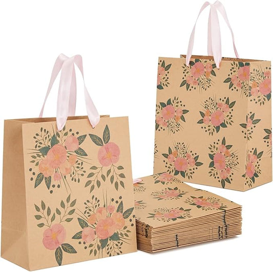 Juvale Floral Gift Bags - Reinforced Bottom & Ribbon Handles - Party Favor Bags - 8 x 4 x 9 in, Pack of 24, Pink