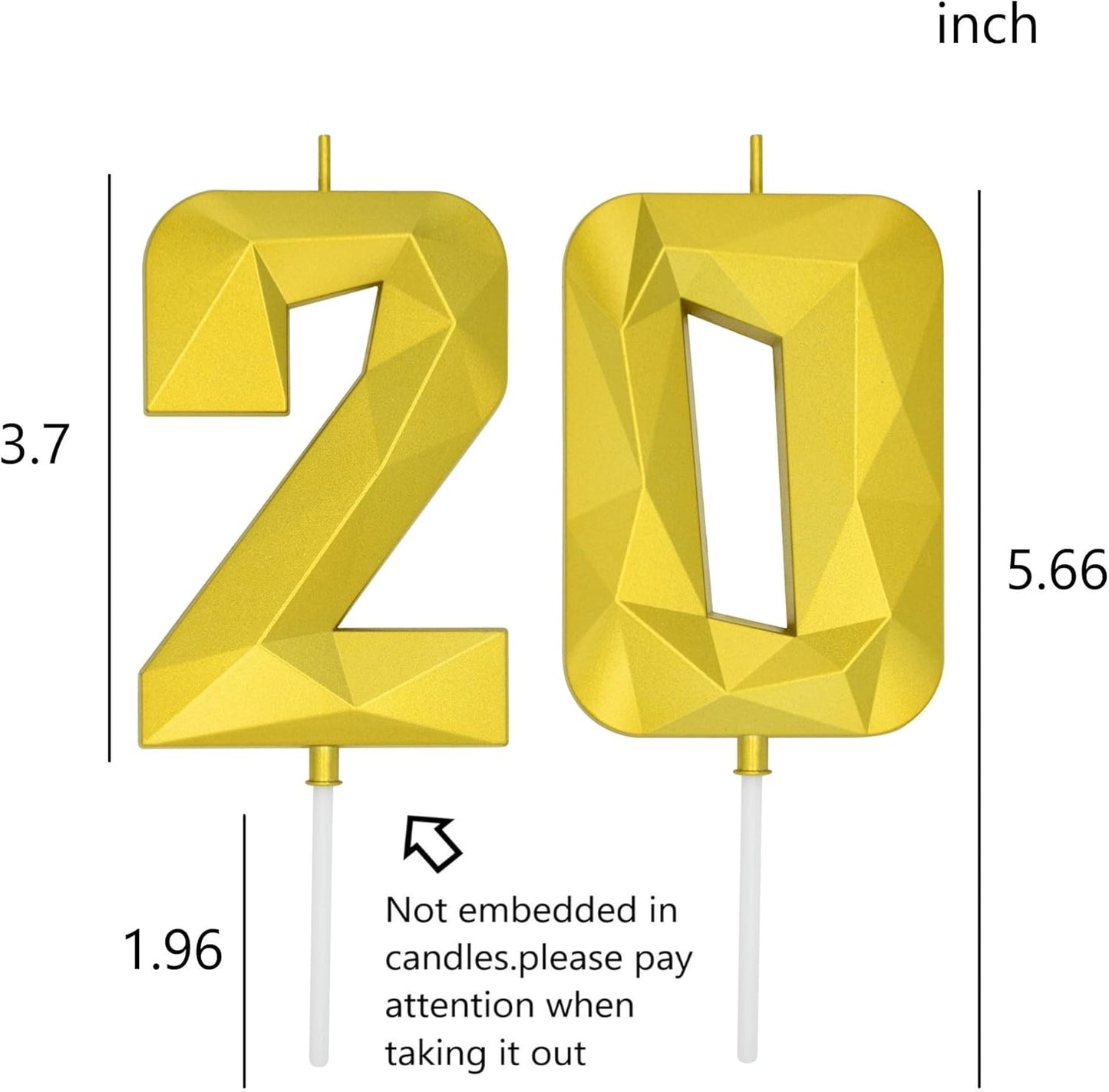 DERVENTA Large Birthday Candle Number 3D Gold 3.7 inch Party Celebration Anniversary Decoration Cake Topper 1 Piece (Number 20 Gold)