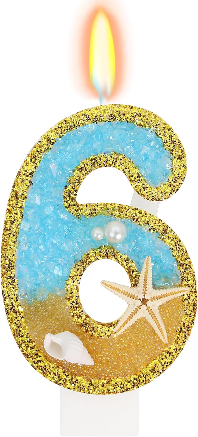 Ocean Number 6 Candle, Glitter Gold Beach Starfish Cake Topper, Tropical Ocean Princess Birthday Decorations for Party Supplies Wedding Anniversaries