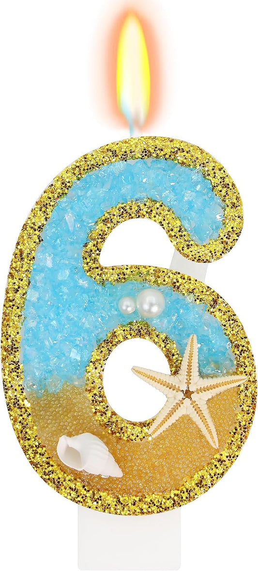 Ocean Number 6 Candle, Glitter Gold Beach Starfish Cake Topper, Tropical Ocean Princess Birthday Decorations for Party Supplies Wedding Anniversaries
