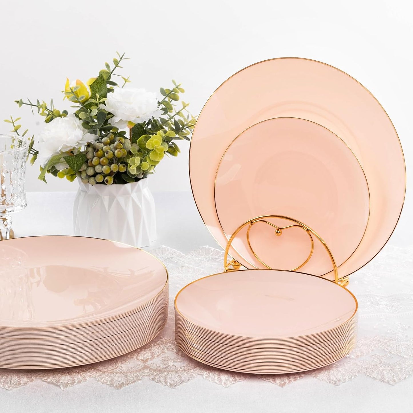 350 Pieces Pink Gold Plastic Dinnerware Set, Gold Disposable Plates for Party, Graduation, Include 100 Pink Plates with 150 Plastic Cutlery, 50 Napkins and 50 Cups