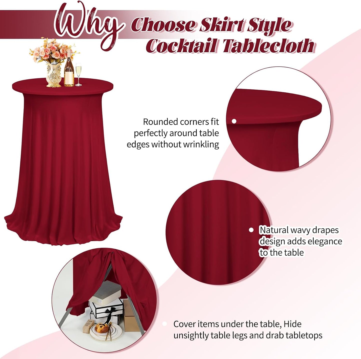 3 Packs Cocktail Table Covers Burgundy Round Bar Table Cloth Wine Red 32"x 43" Spandex Stretch High Top Table Covers with Wavy Drapes Fitted High Top Table Cloth for Party Wedding Banquet Bar Table