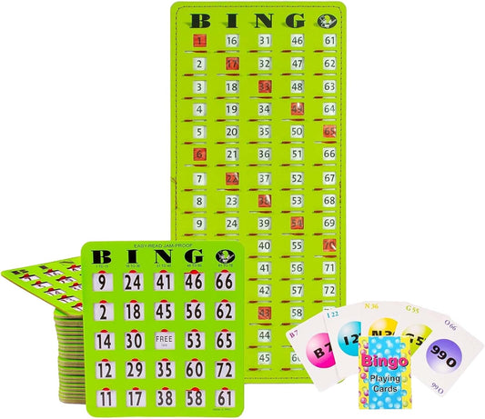 MR CHIPS Complete Bingo Game Set with Jam-Proof Shutter Cards – Easy Read Green Edition – 25 Reusable Large Print Bingo Cards with Sliding Windows, Master Board & Calling Cards – No Chips Needed