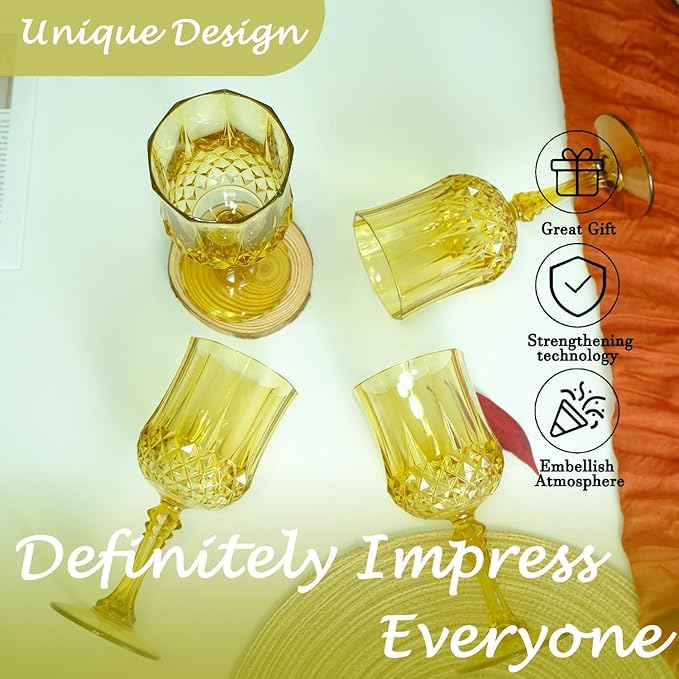 Plastic Wine Glasses, Plastic Goblets Vintage Style Cordial Unbreakable Drinking Glasses, Reusable Drinkware for Wedding Reception, Grand Event Party Supplies, Easter (100, Gold)