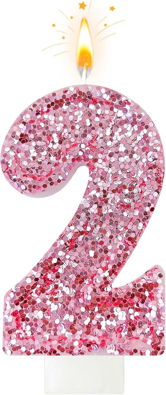 Birthday Number Candles, Glitter Number Candle Cake Decorations with Sequins, Cupcake Decorations for Girls, Women, Party Anniversary Celebrations (Number 2, Pink)