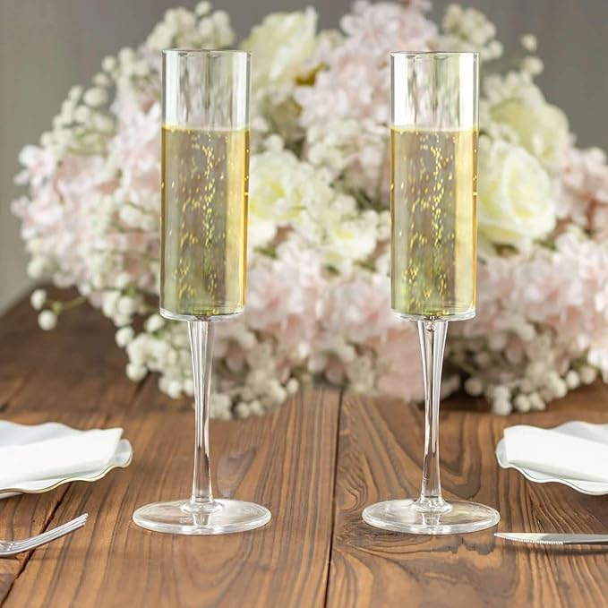Efavormart 6 Pack | 6oz Clear Sleek Reusable Plastic Champagne Flute Glasses, Cylindrical Wine Mimosa Glass Goblet