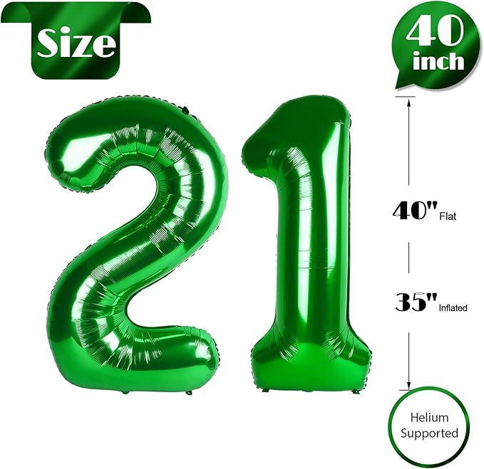 Dark Green Number 21 Balloon 40 Inch, 21st Birthday Party Decorations for Children, Giant 21 Foil Balloon for Party Supplies