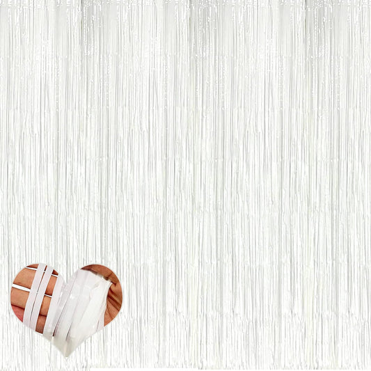 4 Pack White Fringe Curtain Backdrop, 3.2Ft x 6.6Ft Metallic Tinsel Foil Fringe Streamers Background for Photo Booth Birthday Wedding Baby Shower Carnival Easter Mother’s Day Party Decorations