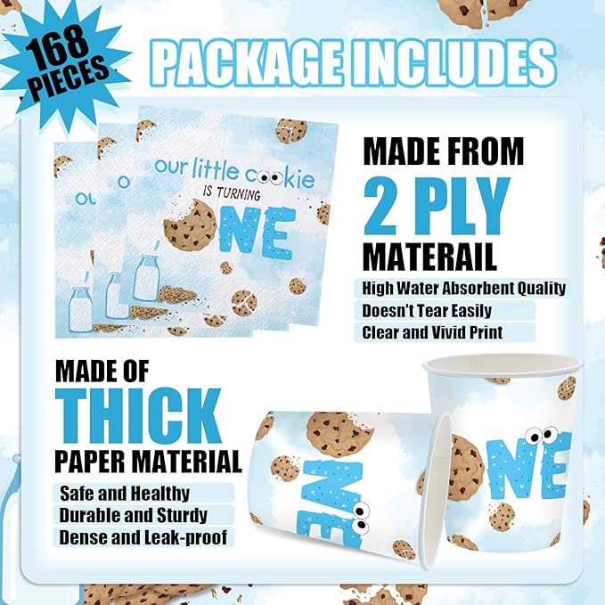 168Pcs Cookies Party Supplies Chocolate Chip Cookies and Milk Drinks Birthday Decorations for Baby Boys Girls 1st Birthday Party Tableware Serve 24