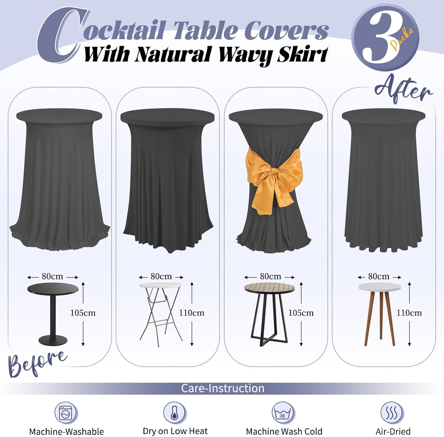 3 Pack Round Bar Table Cloths, Grey Spandex Table Covers 32"x 43", High Top with Wavy Drapes for Party Wedding Banquet