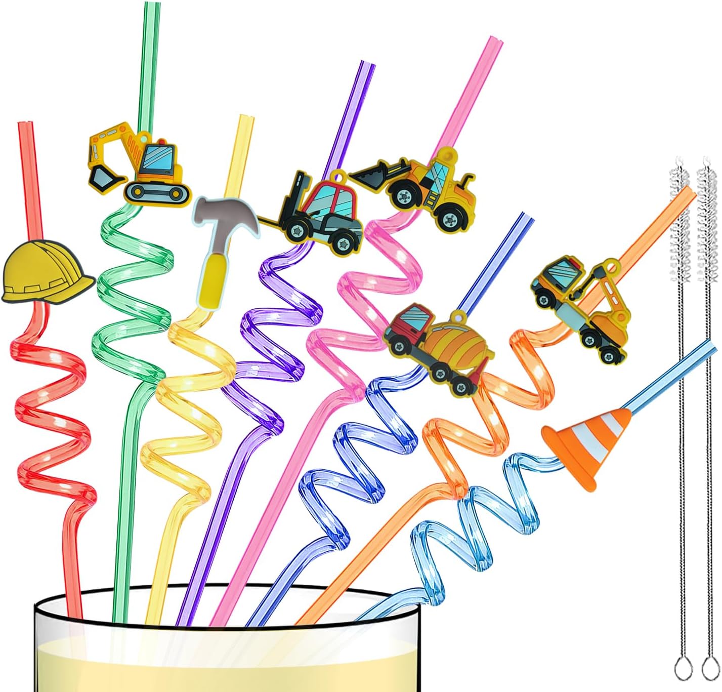 24 PCS Reusable Construction Straws Party Favors, Plastic Truck Swirly Drinking Straws for Kids Construction Theme Birthday Party Decorations Supplies with 2 Clean Brushes