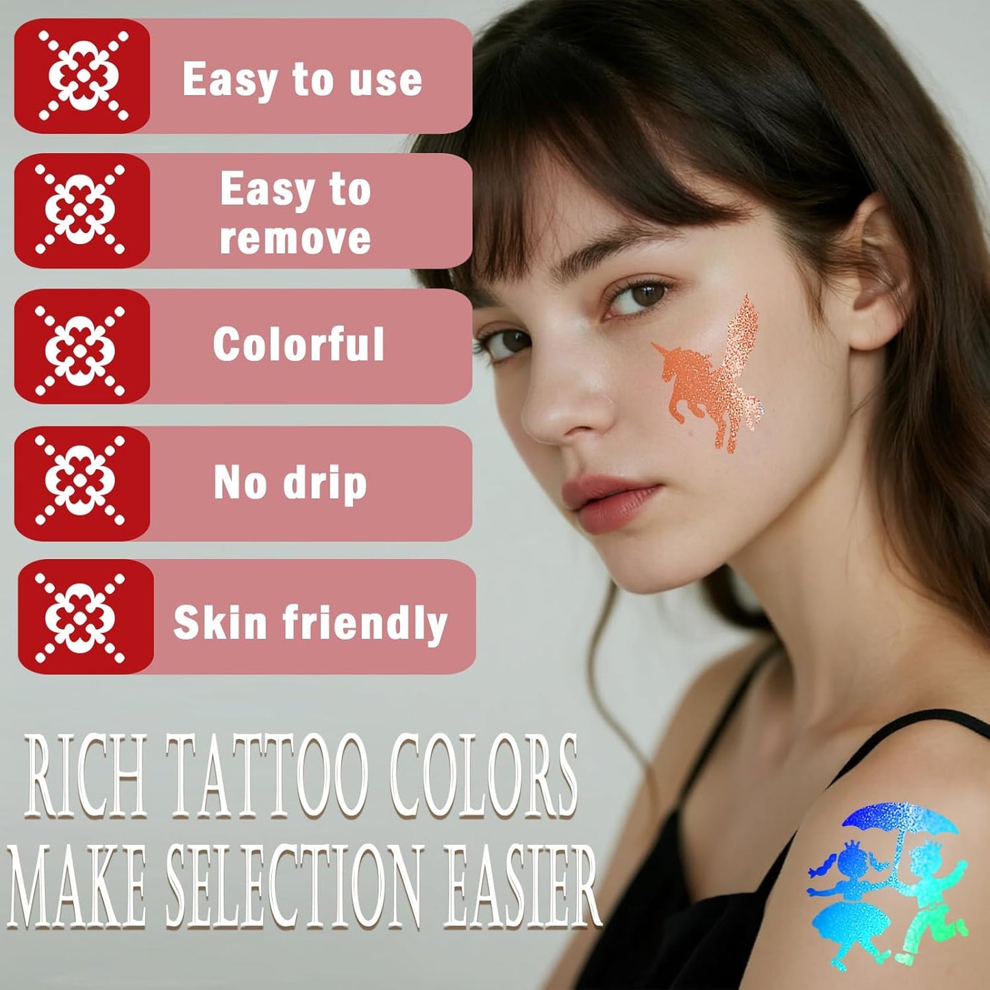 Unicorn Temporary Tattoo Markers for Kids, 8 Metallic Markers and 136+ Temporary Tattoo Stencil Designs for Christmas Favor, Cosmetic Tattoos Pens for Boys and Girls