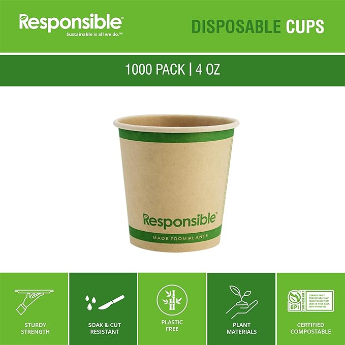 Responsible Products 4 oz Paper Hot Cups, Tree-Less™ Compostable Paper Coffee Cups, Extra Strength, Tree-Free and Made Without PFAS, Natural Brown (1000 Count)