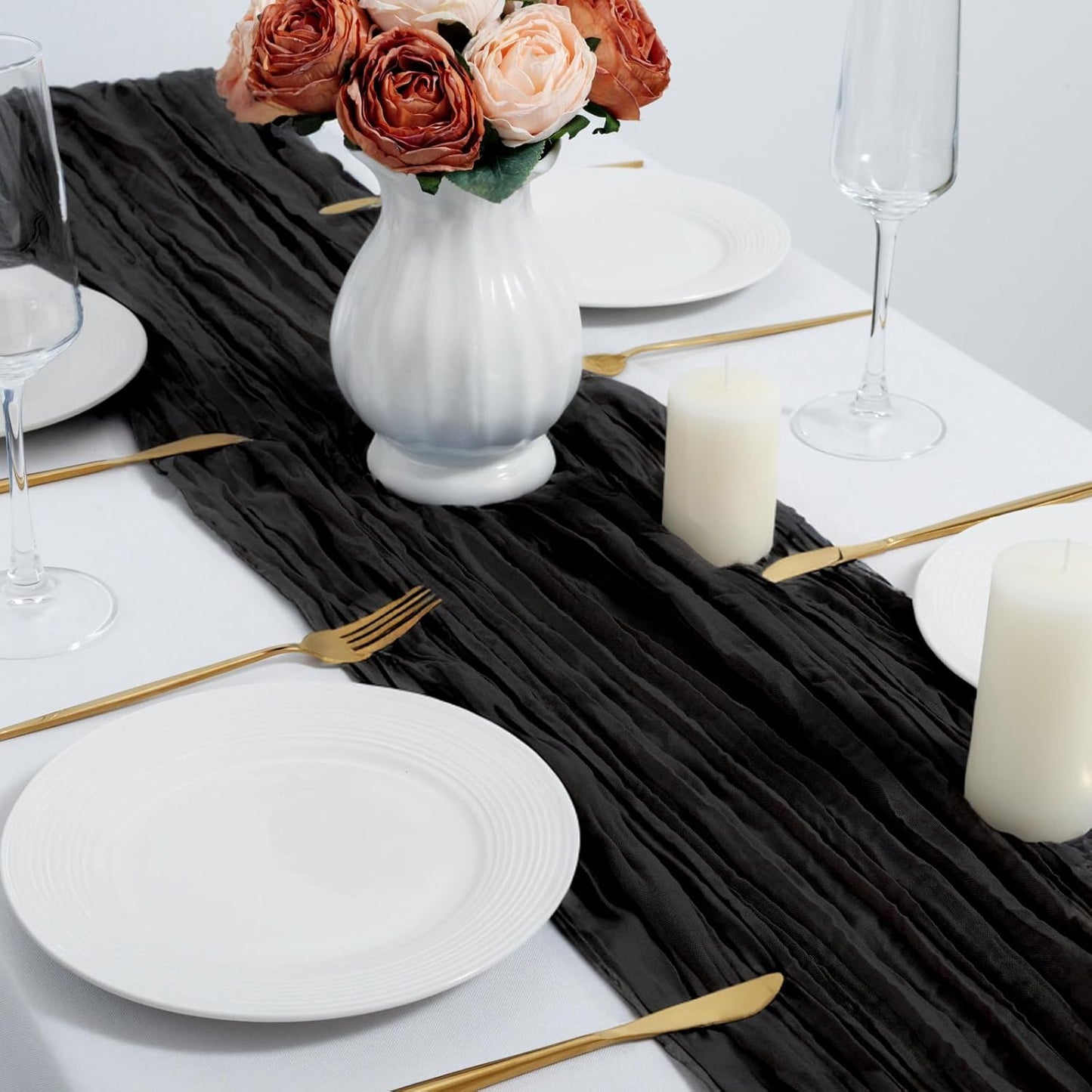 combocube 6 Pack 35x120 Inch 10Ft Cheesecloth Long Table Runner Gauze Rustic Romantic Table Cloth for Halloween Wedding Reception Bridal Shower Holiday Birthday Party Table Decorations, Black