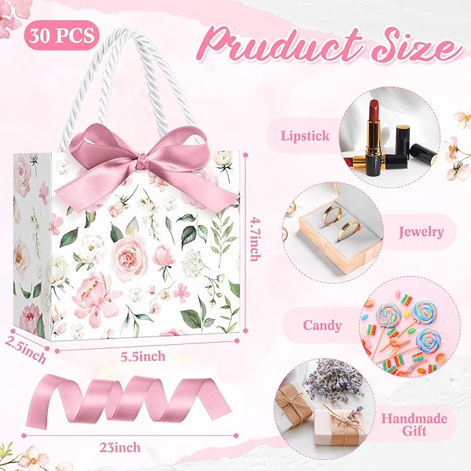 Moinchore 30 Pcs Pink Floral Paper Gift Bags with Ribbon Handles, 5.5 x 4.7 x 2.5 in Medium Decorative Favor Bags for Baby Shower, Bridal Party, Wedding, Birthday, Candy, Snacks and Small Gifts