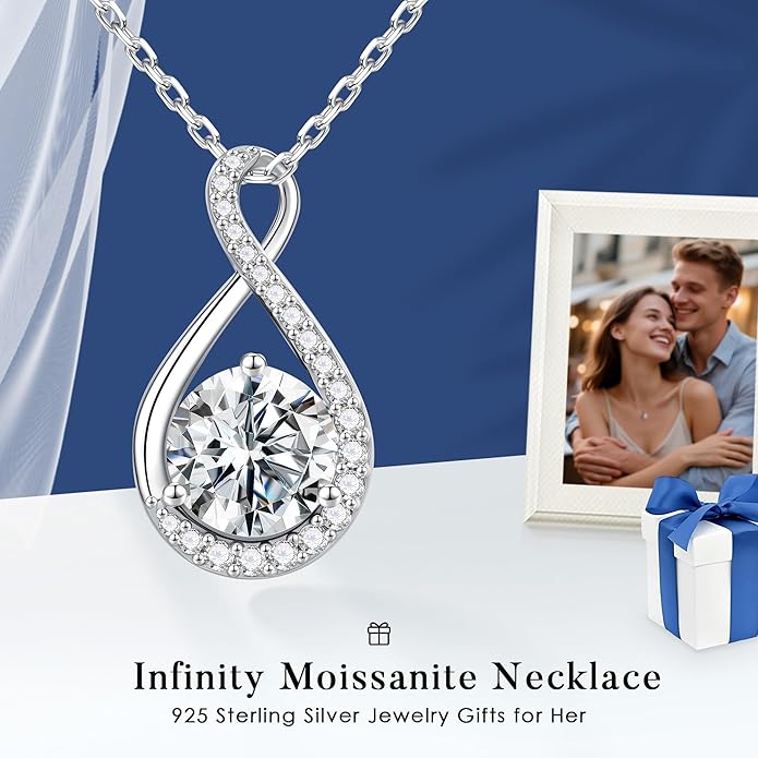 MOOSEA Valentines Day Gifts for Her - 1-3 ct Infinity Moissanite Necklace, Lab Created Moissanite 925 Sterling Silver Necklace, Anniversary Birthday Gifts for Women Wife Mom Girlfriend