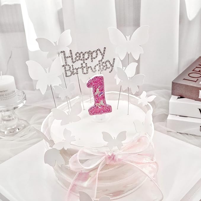 Saododku Birthday Candles, Number Candles for Birthday Cakes with Butterfly, Pink Birthday Candles Sparklers, 3.2" Cake Candles for Cake Topper Decoration, Party/Festival Celebration(Number 0)