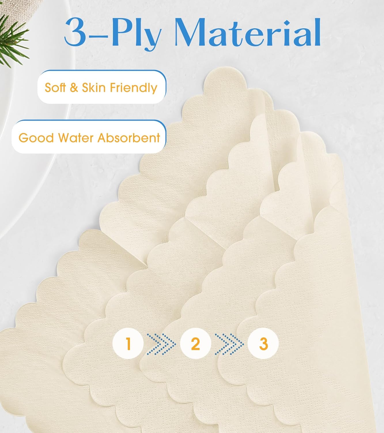 100 Pack Cocktail Napkins 3-Ply Scalloped Edged Wedding Napkins Folded 5 x 5 Inches Dessert Napkins, Disposable Napkins for Dinner Birthday Party Bridal Anniversary Baby Shower Reception (Milky-White)