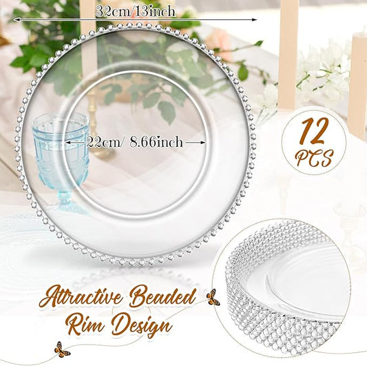Hoolerry 12 Pcs Clear Charger Plates Bulk 13 Inch Plastic Round Dinner Plate with Beaded Rim Acrylic Round Plates Decorative Charger Service for Home Birthday Wedding Party Events Table Decor
