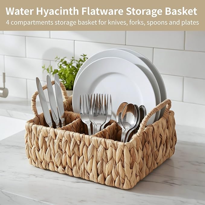 Silverware Basket, Water Hyacinth Utensil Caddy, 4-Compartment Flatware Storage Basket with Dual Handles, Farmhouse Divided Cutlery Holder, Natural Woven Silverware Organizer, 10.4 x 8.5 x 6.1 in