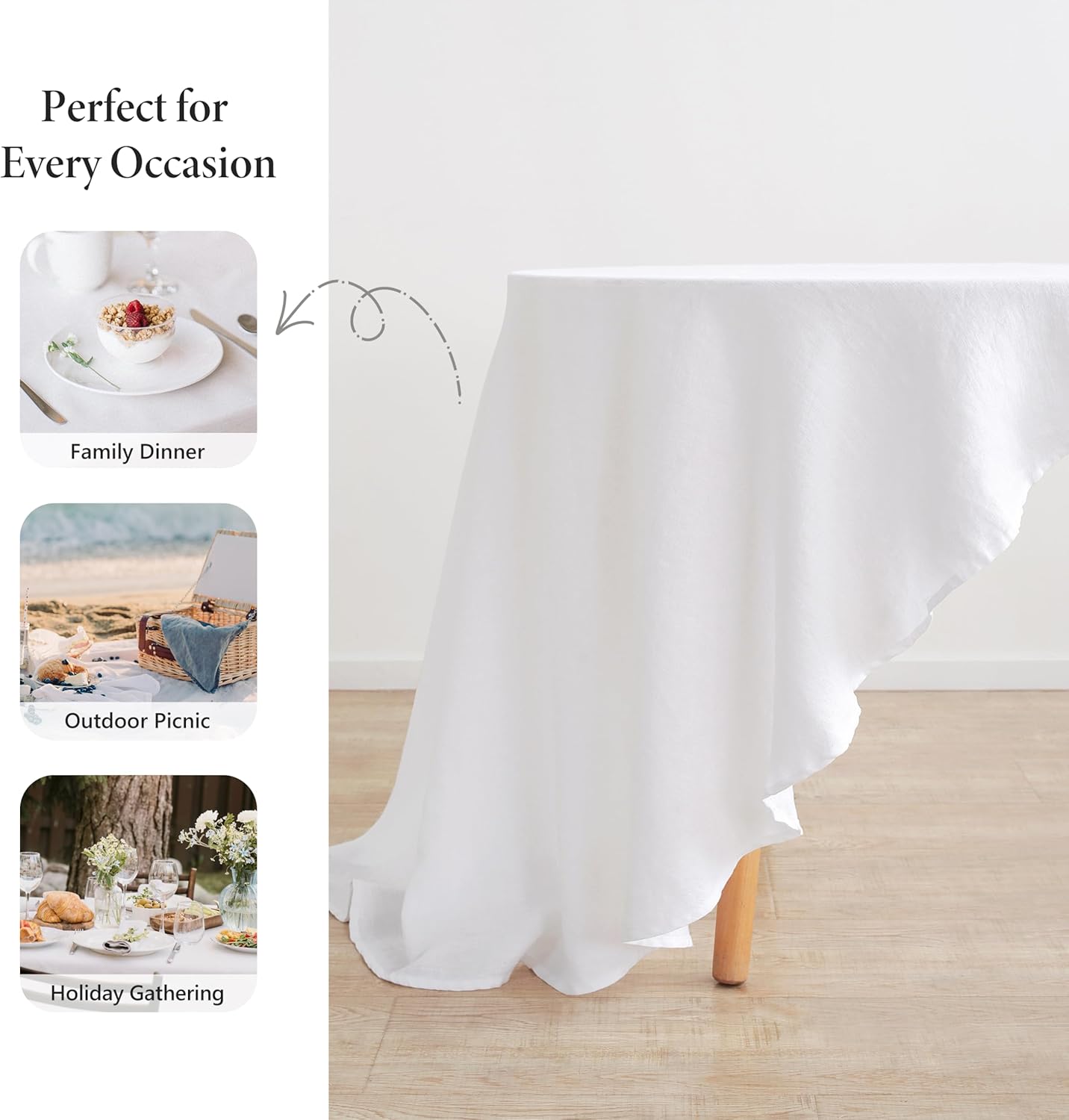 Linen World Linen Tablecloth,100% French Linen Round Tablecloth 70" Inch,Washable White Tablecloth for Dining,Outdoor,Weddings and Restaurants,Decorative Thanksgiving Christmas