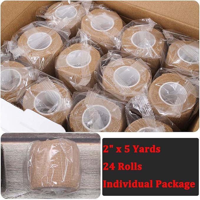 24 Pack Brown Breathable Self Adhesive Bandage Wrap 2 Inch, Multi-Purpose Non-Woven Cohesive Wrap - Vet Wrap | Athletic Tape | Medical Tape, Ankle Sprains, Swelling, Pets.