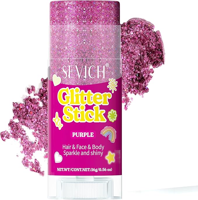 SEVICH Glitter Stick Purple for Face Body Hair,Skin Safe Waterproof Sparkle with No Glue Needed,Easy to Apply and Remove for Parties Festivals Makeup,15g