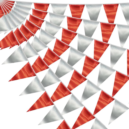130FT Red Silver Triangle Pennant Banner Flag Metallic Fabric Bunting Garland for Christmas Graduation Wedding Engagement Anniversary Bachelorette Birthday Bridal Shower Valentines Hen Party Supplies