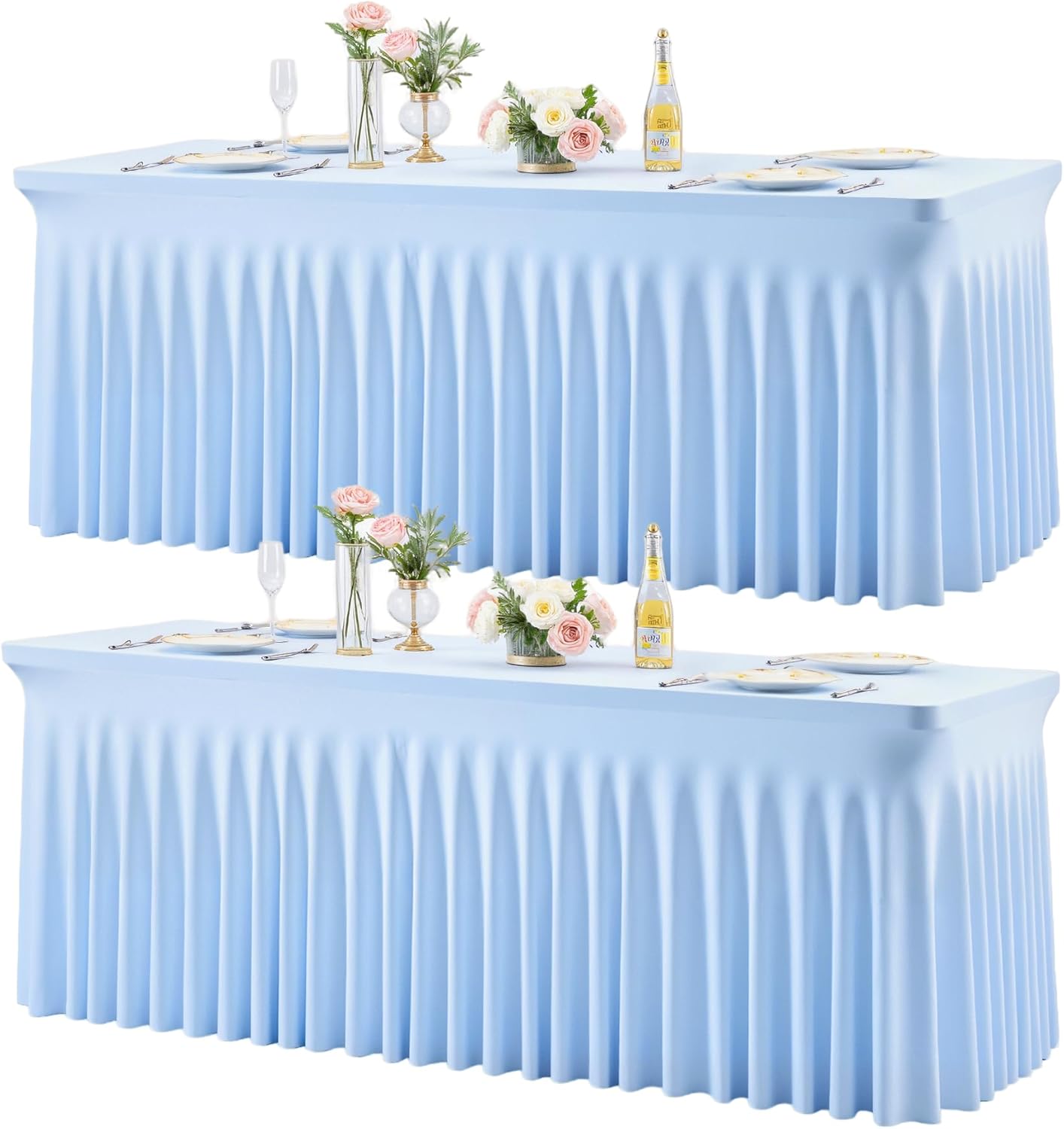 2 Pack 8ft Baby Blue Spandex Table Cloths for Rectangle Tables Wrinkle Free Rectangle Tablecloths, Stretch Fitted Table Cover with Skirt for Baby Shower Boy Birthday Party Wedding Banquet Buffet