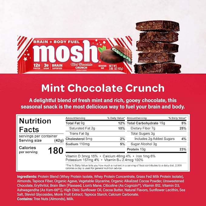 MOSH Mint Chocolate Crunch Keto Protein Bars, High Protein, Gluten Free, Brain Healthy Snack with Ashwagandha and Lions Mane, 12 Count