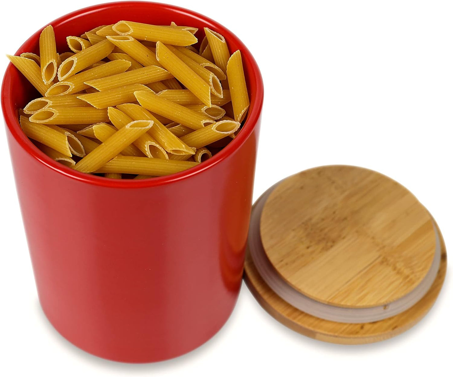 Arthausen Red Ceramic Storage Jar Canister for Flour Sugar - Airtight Bamboo Lid w/Silicone Seal, Spoon - Modern Abstract Art Design for Kitchen Counter Bathroom - 4 cup / 1080mL