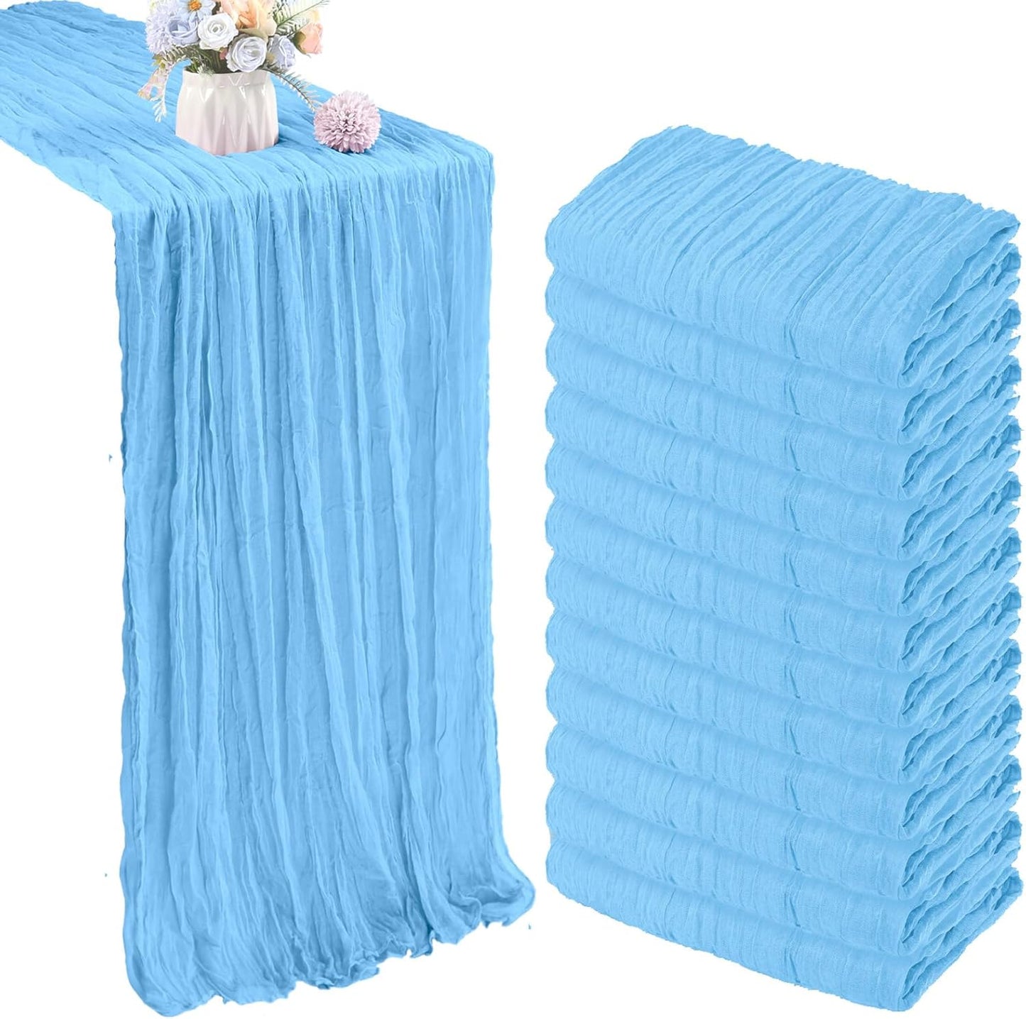 12 Pack 10FT Baby Blue Cheesecloth Table Runner 35x120 Inch Gauze Rustic Boho Fall Table Runner Cheese Cloth for Thanksgiving Wedding Decor Birthday Party Bridal Baby Shower Centerpiece Decoration