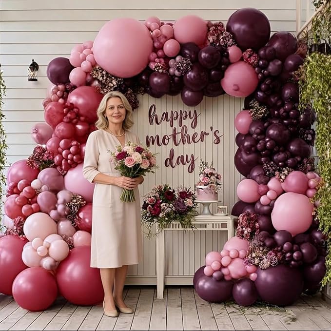 Burgundy Balloons Double Stuffed Dark Purple Plum Mauve Balloon Garland Maroon Magenta Latex Balloons for Birthday Bridal Shower Wedding Anniversary Mother's Day Party Decorations
