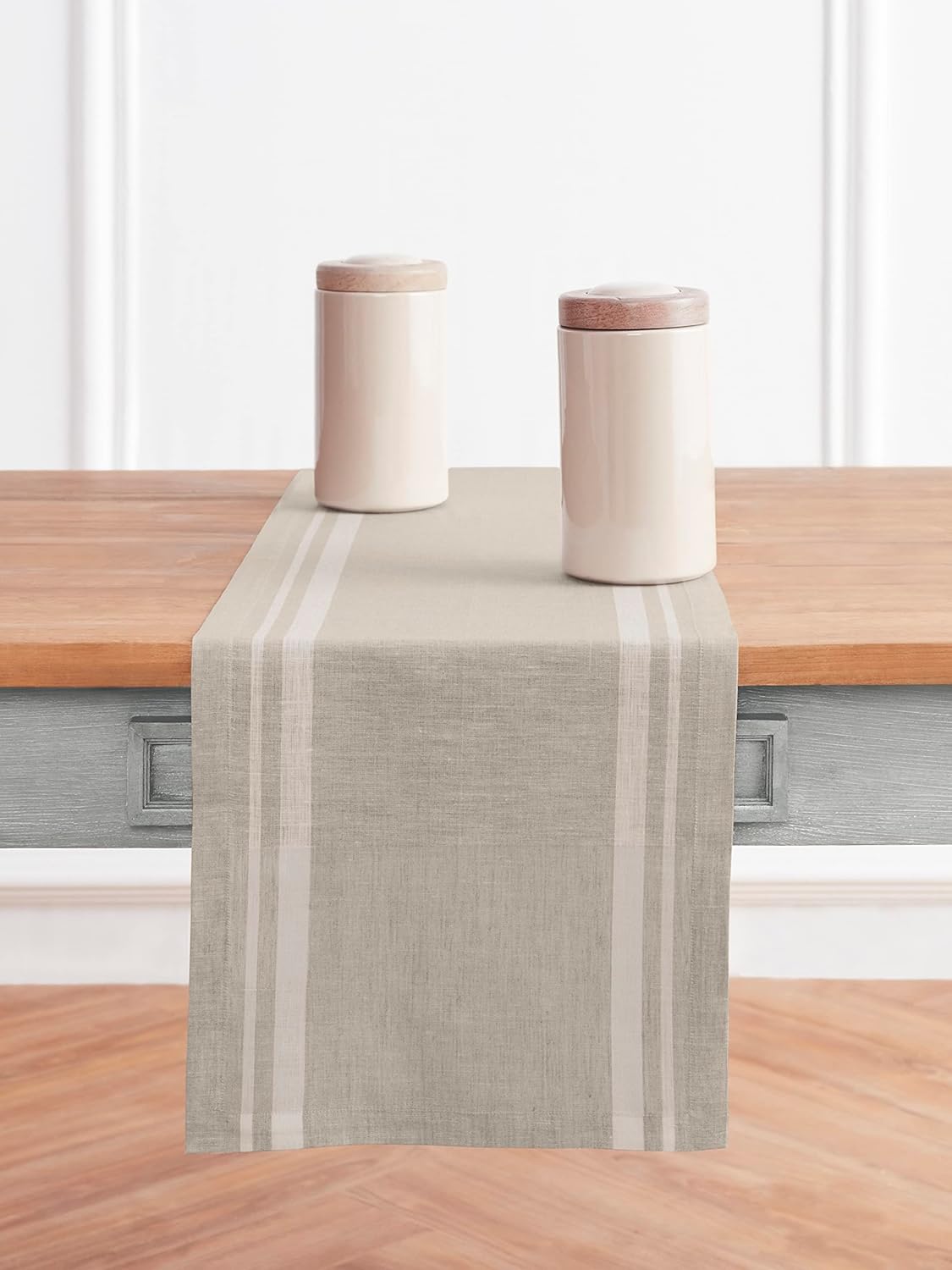 Solino Home Striped Linen Table Runner 120 Inches Long - French Stripe 100% Pure Linen White and Natural Dining Table Runner 16 x 120 Inch for Fall, Autumn, Thanksgiving