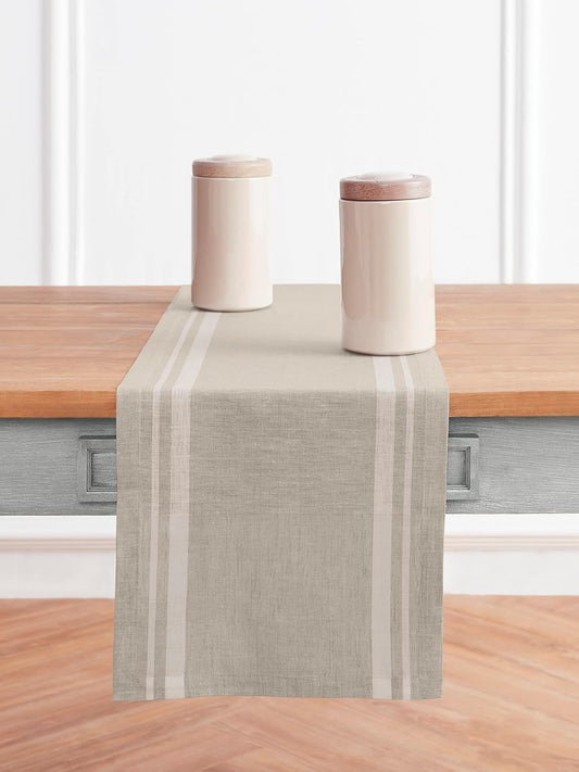 Solino Home Striped Linen Table Runner 120 Inches Long - French Stripe 100% Pure Linen White and Natural Dining Table Runner 16 x 120 Inch for Fall, Autumn, Thanksgiving