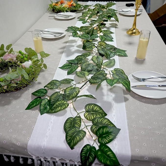 6.56FT Green Vines Garland with Lights 96 LED Battery Operated with Timer Faux Photos Vines Twig with Lights Spring Garlands Decortions for Mantel Fireplace Table Wall Patio Wedding Holiday Home Decor