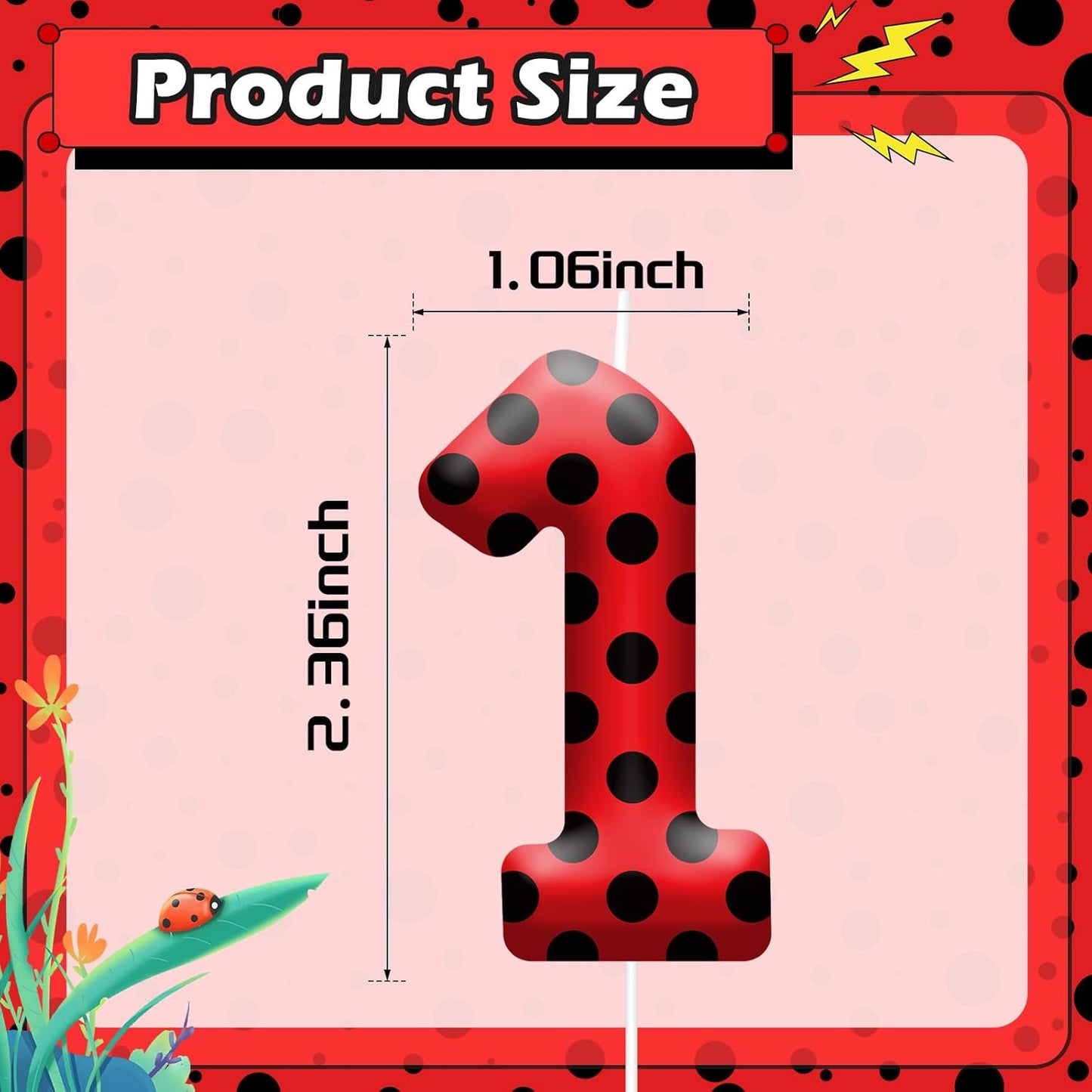 Ladybug Theme Birthday Candles - Red & Black Polka Dot Decorative Candles for Kids Ladybug Themed Parties, Baby Showers, Birthday Cakes, and Ladybird Inspired Celebrations(Number 1)