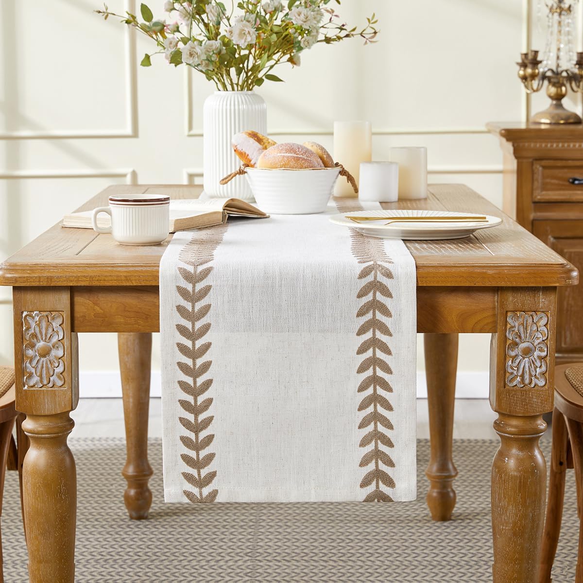 Wracra Embroidered Fall Table Runner Irregular Willow Leaf Table Runners 72 Inches Long for Dresser Home Dining Table Decor,14 x 72 Inch, Taupe