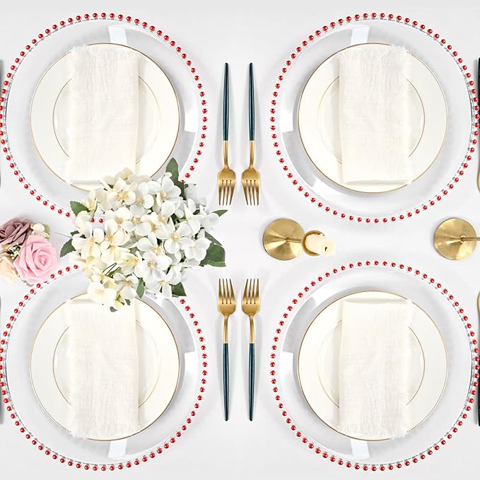 24 PCS Clear Round Charger Plates with Beaded Rim, 13 Inch Plastic Acrylic Plate, Plastic Round Beaded Dinner Decorative Service Plates for Wedding Party Event, Home Kitchen Tabletop(Red)