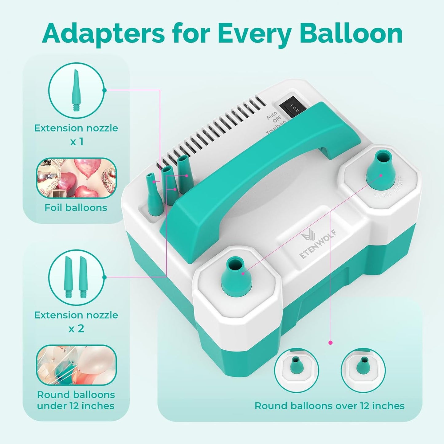 ETENWOLF P400 Balloon Pump Electric for Balloons with 2 Nozzles 110V 550W Balloon Blower for Party Metalic Latex Foil Balloons, Balloon Inflator for Birthday Decorations