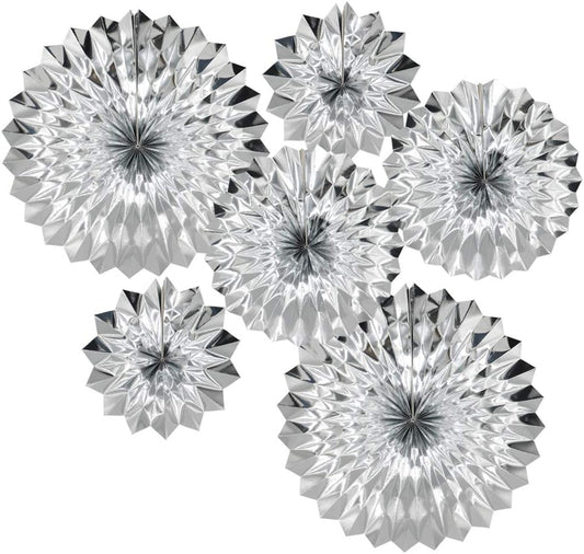 Hanging Paper Fans Party Set, Silver Round Pattern Paper Garlands Decoration for Birthday Baby Shower Graduation Retirement, Set of 6