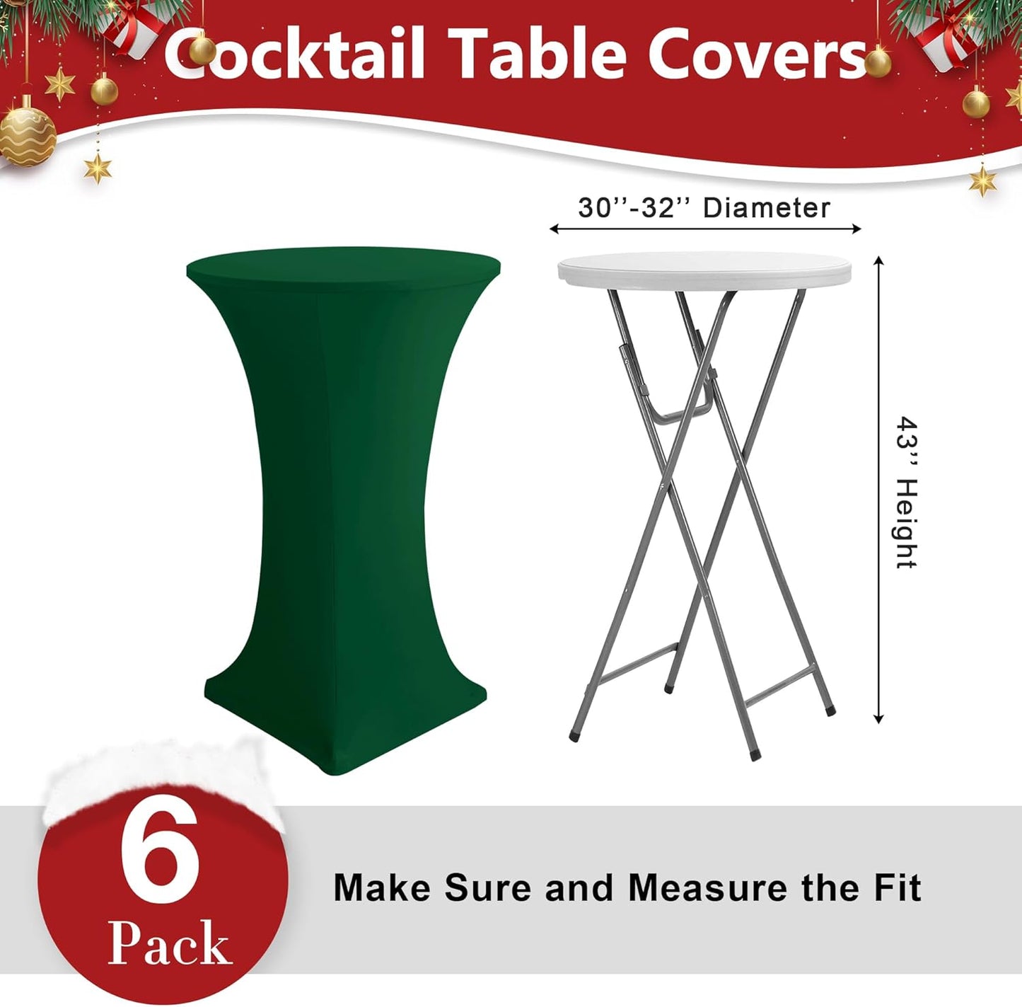 Cocktail Table Covers-Spandex Round High Top Table Cloths 6 Pack 32x43 Inch-Hunter Green Stretch Fitted Bar Tall Tablecloth for Pub Bistro Highboy Party Event Banquet Height Satnding Tables