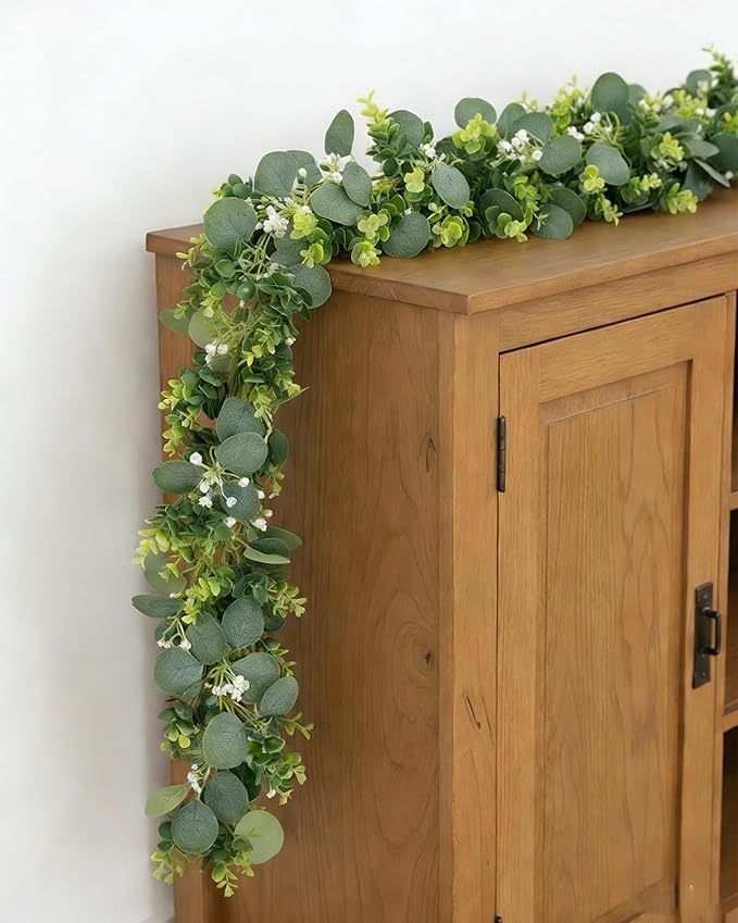 Vlorart 6ft Eucalyptus Garland with Boxwood and White Florals, Mixed Greenery Eucalyptus Garland for Wedding Arch, Backdrop, Table, Mantel and Home Decor
